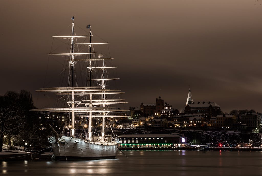 White Ship on Port at Night