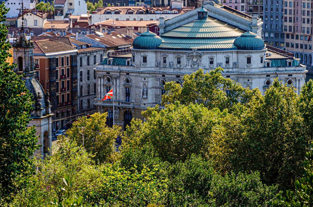 Aerial View of the Teatro Arriaga, an Opera House in Bilbao, Spain