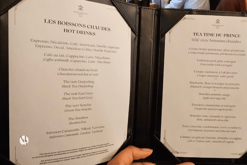 menu du restaurant Prince de Galles, menu tea time servi au bar 19.20 par Norbert Tarayre