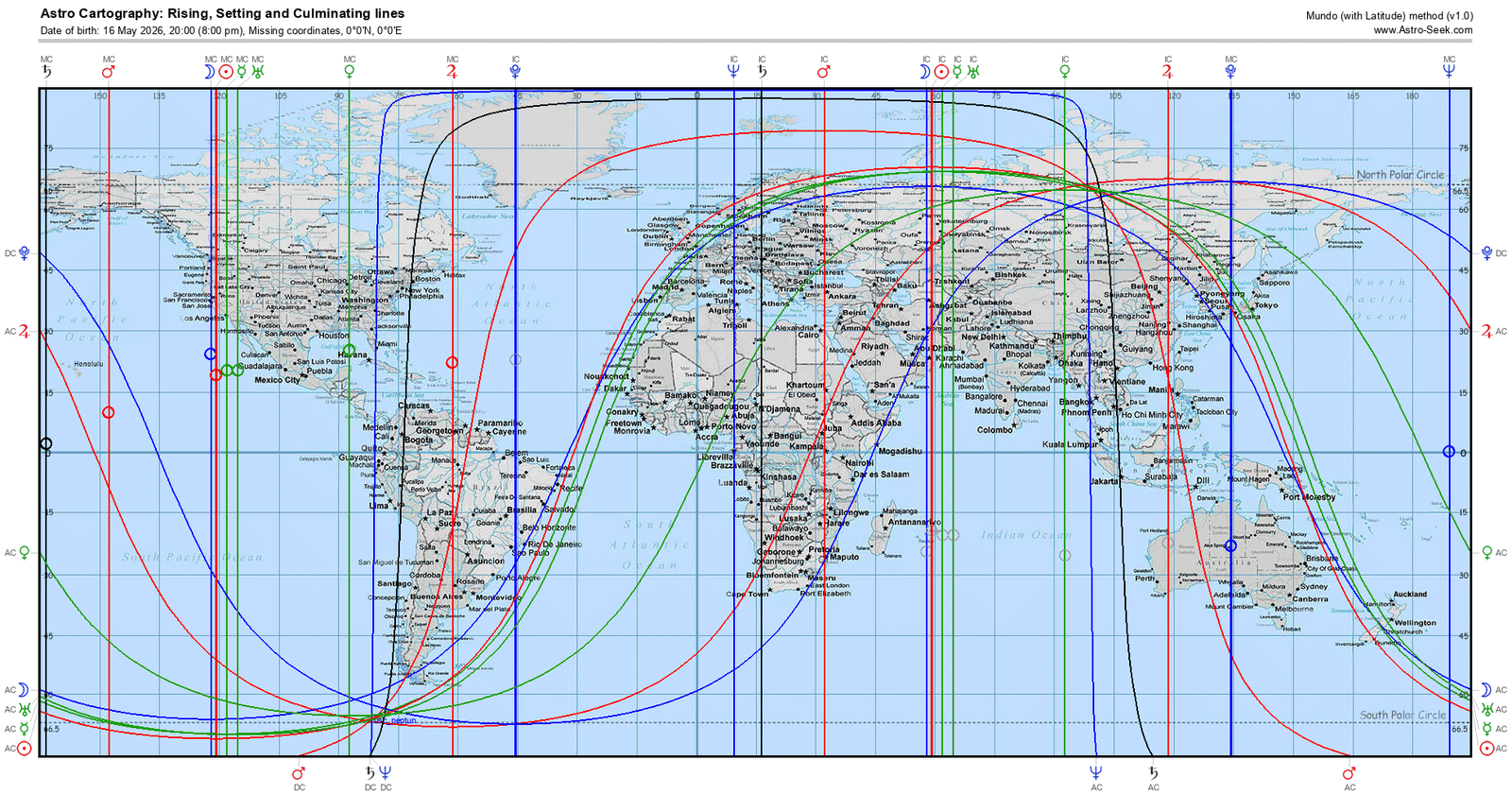 Carte d'astrocartographie — Nouvelle Lune en Taureau 16 mai 2026